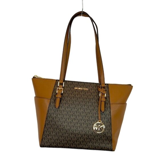 Michael Kors Handbags - MICHAEL KORS Charlotte Large MK Signature Leather Top-Zip Tote Brown